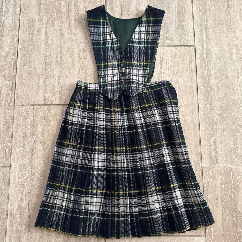 Vtg Irish Blarney Woollen Mills Navy Green Plaid Wool school Dress jumper sz 8